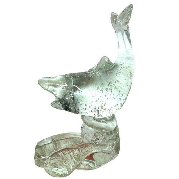 MURANO ART GLASS CLEAR SILVER FLECK 6 1/4 FISH ON WAVE SCULPTURE HAND MADE ITALY - Picture 1 of 8